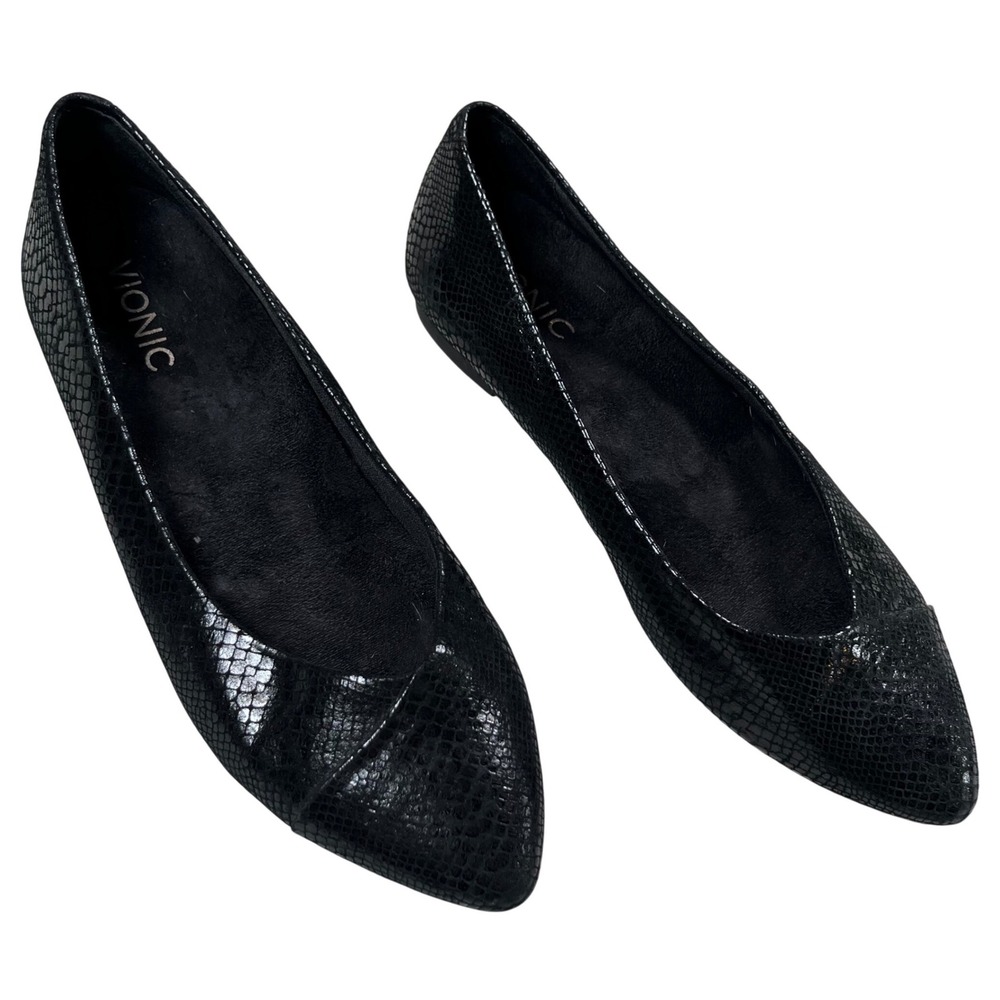 Vionic Caballo Flats Women 7.5 Black‎ Snakeskin Pointed Toe Slip On Orthotic